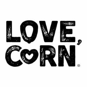 LOVE CORN logo with heart-shaped O